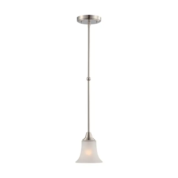 The Surrey mini pendant offers clean, transitional styling with square tubing and a cone-shaped frosted glass shade. Its brushed nickel finish and compact size make it ideal for task lighting or grouped installations.