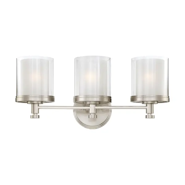 The Decker 3-light vanity fixture combines machined industrial style with a distinctive double glass shade design that creates depth and ambient glow. Perfect for modern bathrooms seeking character.