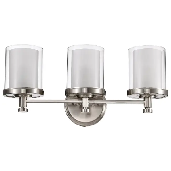 The Decker 3-light vanity fixture combines machined industrial style with a distinctive double glass shade design that creates depth and ambient glow. Perfect for modern bathrooms seeking character. - alternate view