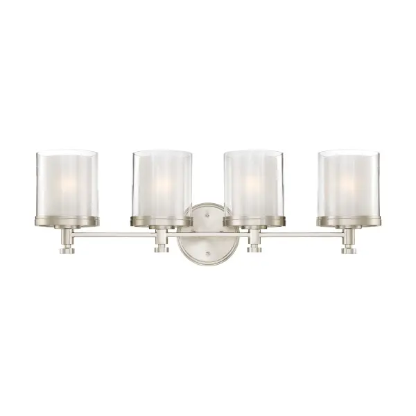 The Decker vanity fixture combines machined industrial style with a sophisticated double glass shade design that creates depth and ambient glow. Perfect for modern bathrooms seeking functional lighting with design appeal.