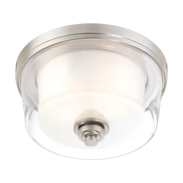 The Decker flush mount combines machined industrial style with a distinctive double glass shade that creates depth and ambient glow. Its compact profile and versatile brushed nickel finish work well in various spaces.