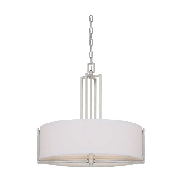 The Gemini 4-light pendant combines geometric simplicity with elegant materials. Its brushed nickel finish and slate gray fabric shade create a refined, versatile look perfect for modern and transitional spaces.