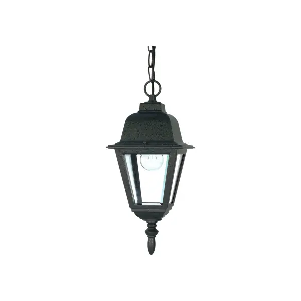 The Briton hanging lantern combines traditional design with durable outdoor construction. Its textured black finish and clear glass panels create elegant illumination for entryways, porches, and patios.