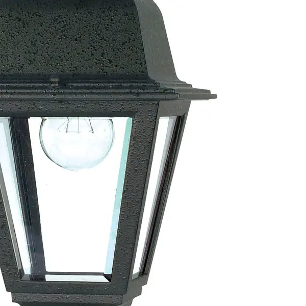 The Briton hanging lantern combines traditional design with durable outdoor construction. Its textured black finish and clear glass panels create elegant illumination for entryways, porches, and patios. - alternate view