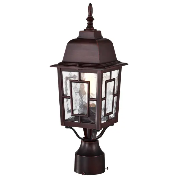 The Banyan post light combines geometric architectural details with clear water glass for a sophisticated outdoor lighting solution. Its 17-inch height and rustic bronze finish make it ideal for pathways, driveways, and entryways. - alternate view