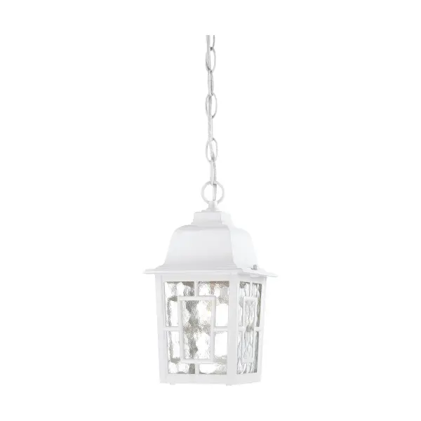 The Banyan outdoor hanging lantern combines clean architectural lines with textured water glass for visual interest. Its geometric inlays and white finish create a fresh, coastal-inspired look perfect for covered outdoor spaces.