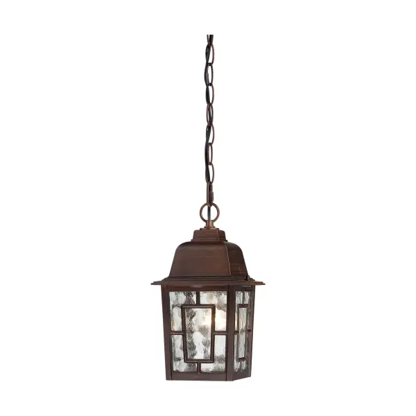 The Banyan outdoor pendant combines architectural geometry with handsome rustic bronze finish and textured water glass. At 11 inches, it's perfectly sized for entryways, porches, and patios, offering timeless transitional style.