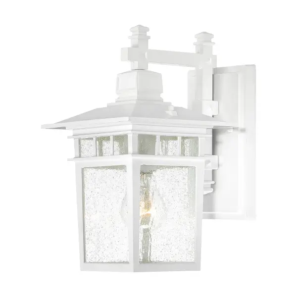 The Cove Neck wall lantern offers a unique fusion of Eastern and American design elements in a compact 12-inch fixture. Its white finish and clear seed glass create a clean, versatile look that enhances curb appeal.