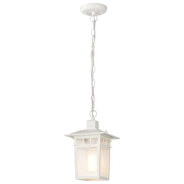 The Cove Neck outdoor pendant blends Eastern influences with American coastal charm in a compact 12-inch design. Its white finish and clear seeded glass create welcoming illumination for entryways and covered outdoor spaces. - alternate view