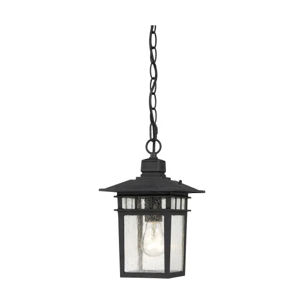 The Cove Neck outdoor pendant combines far eastern inspiration with classic Americana styling. Its textured black finish and clear seeded glass create sophisticated curb appeal while the compact 12-inch size fits various outdoor spaces.