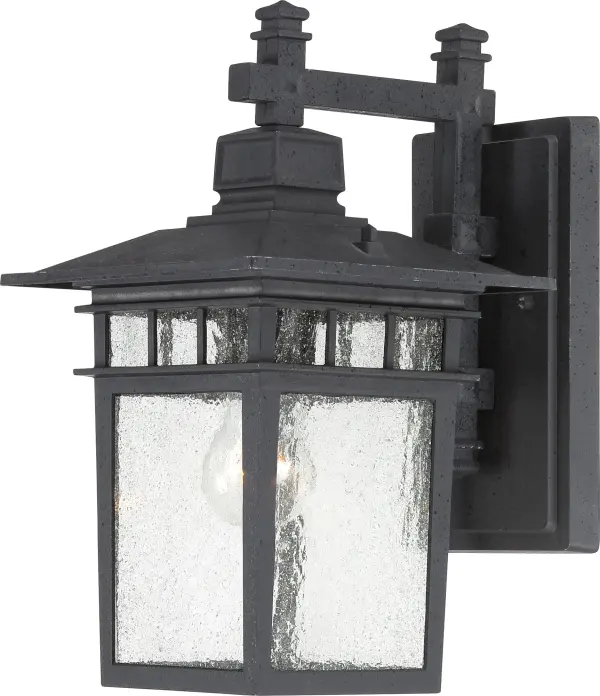 The Cove Neck outdoor wall lantern combines contemporary styling with classic lantern form. Its textured black finish and clear seeded glass create visual interest while providing reliable outdoor illumination.