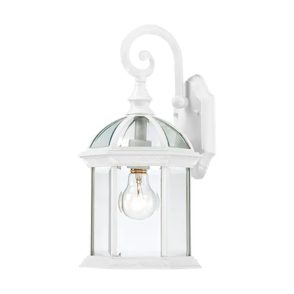The Boxwood collection delivers understated elegance with its open cage design and clear beveled seed glass. At 15 inches, this white finish wall sconce provides excellent curb appeal and a welcoming first impression.