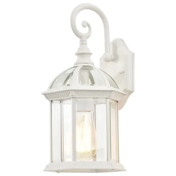 The Boxwood collection delivers understated elegance with its open cage design and clear beveled seed glass. At 15 inches, this white finish wall sconce provides excellent curb appeal and a welcoming first impression. - alternate view