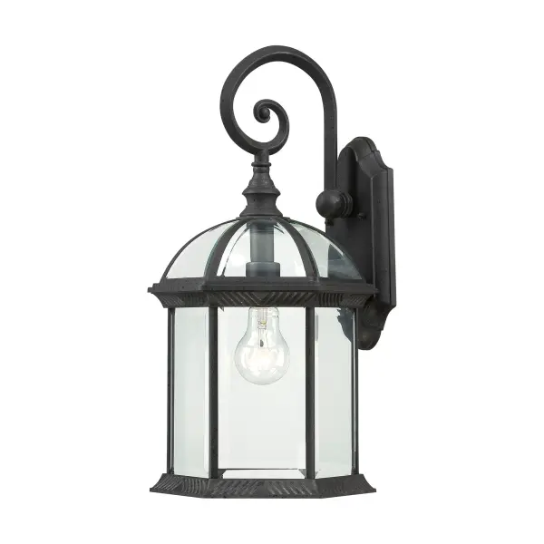 The Boxwood collection delivers understated elegance with its open design and clear beveled glass. At 19 inches tall, this outdoor wall sconce creates a graceful first impression while providing reliable illumination.