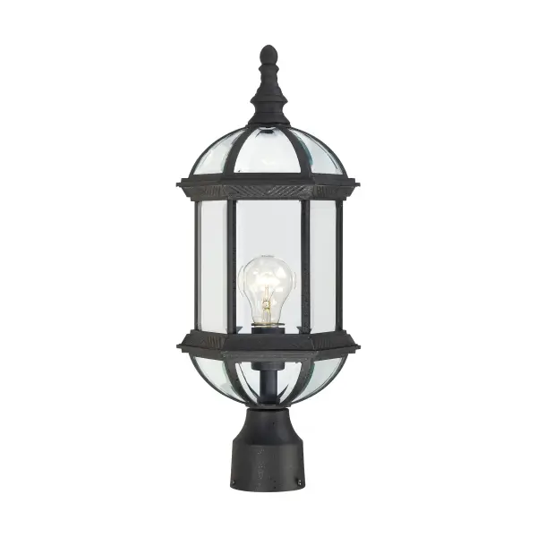 The Boxwood post light combines graceful open design with clear beveled glass for a refined outdoor lighting solution. Its 19-inch height and textured black finish deliver understated elegance perfect for welcoming guests.