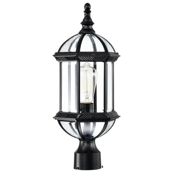 The Boxwood post light combines graceful open design with clear beveled glass for a refined outdoor lighting solution. Its 19-inch height and textured black finish deliver understated elegance perfect for welcoming guests. - alternate view