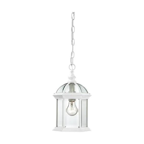 The Boxwood outdoor hanging light combines delicate clear beveled glass with a graceful open design in a clean white finish. Perfect for creating a welcoming first impression at entryways and porches.
