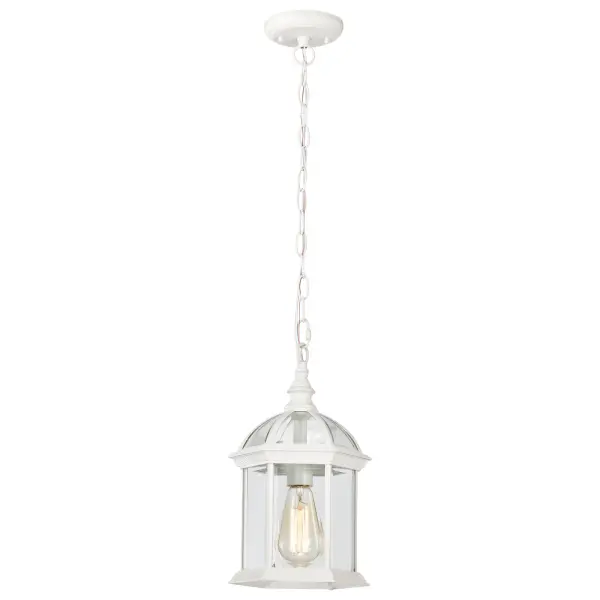 The Boxwood outdoor hanging light combines delicate clear beveled glass with a graceful open design in a clean white finish. Perfect for creating a welcoming first impression at entryways and porches. - alternate view