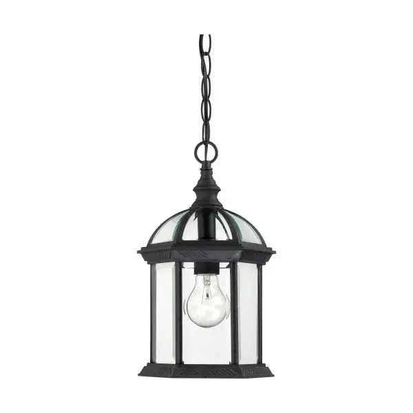 The Boxwood outdoor hanging lantern combines classic design with modern durability. Its open framework and clear beveled glass create an understated elegance perfect for welcoming guests. The textured black finish adds sophistication while standing up to outdoor elements.