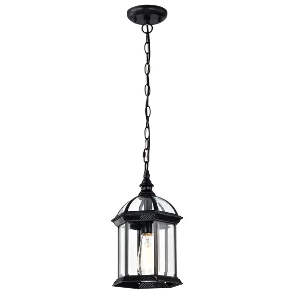 The Boxwood outdoor hanging lantern combines classic design with modern durability. Its open framework and clear beveled glass create an understated elegance perfect for welcoming guests. The textured black finish adds sophistication while standing up to outdoor elements. - alternate view