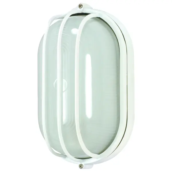 This die-cast bulkhead combines industrial cage styling with weather-resistant construction. The semi-gloss white finish and oval cage design provide both functional illumination and architectural interest for exterior walls.