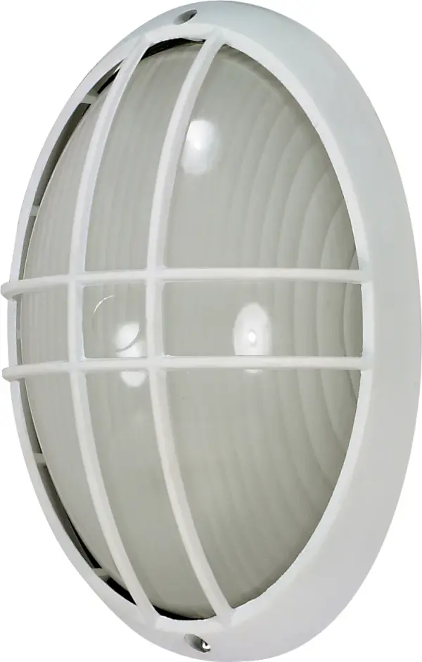 This 13-inch oval cage bulkhead combines industrial durability with clean design. Die-cast construction and semi-gloss white finish withstand harsh weather while providing reliable illumination for exterior walls and covered areas.