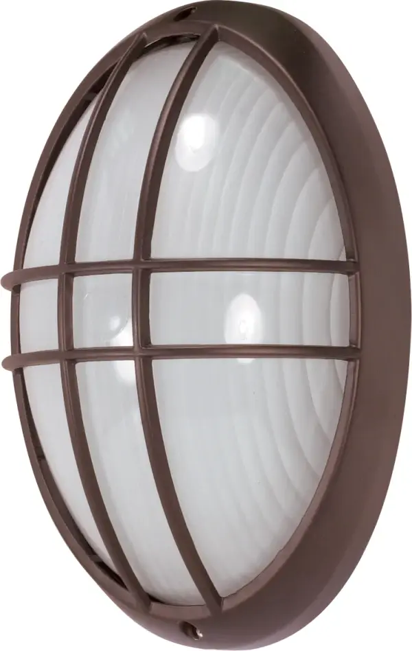This 13-inch oval cage bulkhead combines industrial aesthetics with weather-resistant durability. The architectural bronze finish and die-cast construction make it ideal for exterior applications requiring both safety lighting and visual appeal.