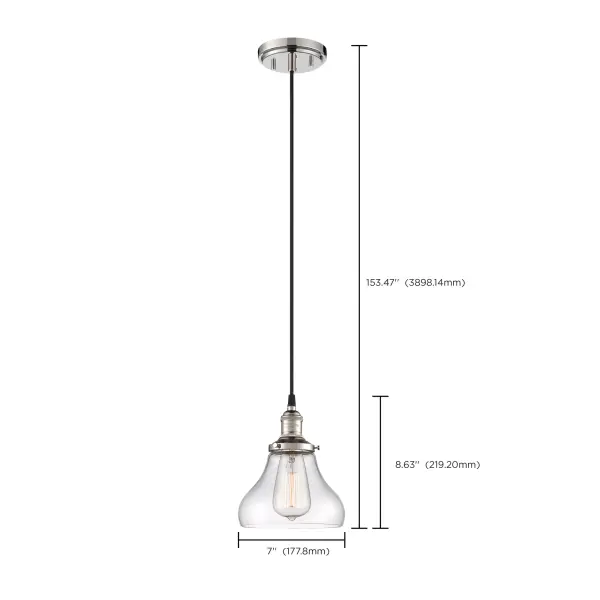 This single-light pendant combines polished nickel finish with clear glass for a versatile lighting solution. Perfect for kitchens, dining areas, and entryways, it delivers contemporary elegance with vintage charm. - alternate view