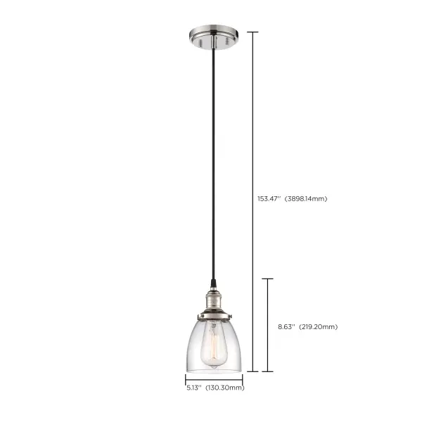 This single-light pendant combines polished nickel finish with clear glass for a versatile lighting solution. Perfect for kitchens, dining areas, and entryways, it delivers contemporary elegance with vintage charm. - alternate view
