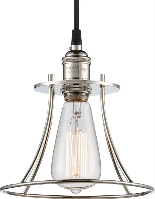 This single-light caged pendant combines industrial design with refined polished nickel finish. Perfect for adding character to kitchens, dining areas, and entryways. Includes vintage-style bulb for authentic period appeal. - alternate view