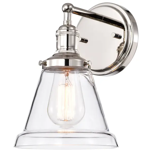 This industrial-inspired wall sconce combines minimalist design with vintage appeal. The clear glass shade and polished nickel finish create a timeless look, while the included Edison-style bulb adds authentic character. - alternate view