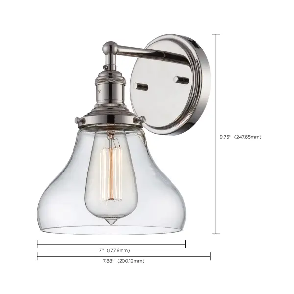 This polished nickel wall sconce combines contemporary styling with vintage appeal through its exposed ST19 bulb and clear glass shade. The up-or-down mounting flexibility makes it adaptable for various spaces. - alternate view