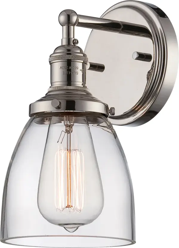 This polished nickel wall sconce combines contemporary styling with vintage appeal through its exposed ST19 bulb and clear glass shade. The up-or-down mounting flexibility makes it adaptable for various spaces.