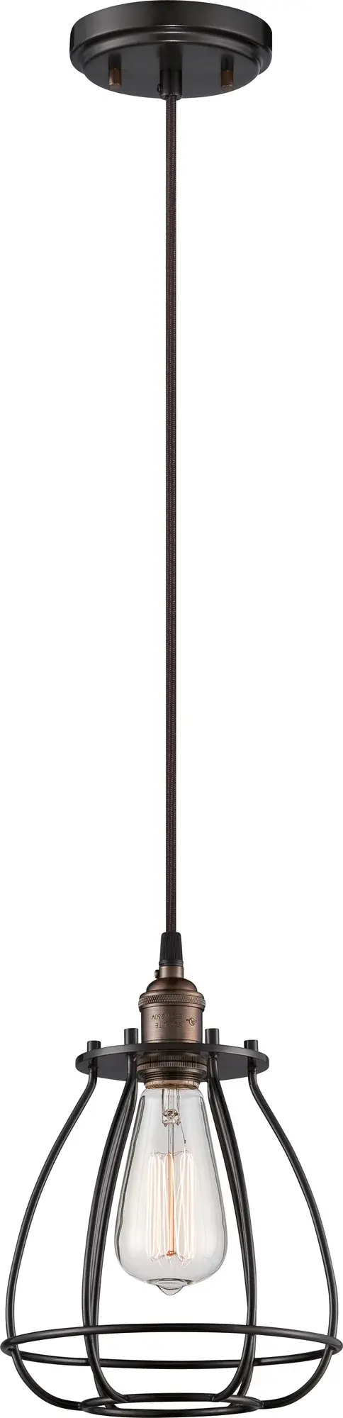 This rustic bronze caged pendant brings industrial character to any space. The exposed ST19 vintage bulb creates warm ambiance while the metal cage adds architectural interest. Perfect for creating focal points over islands or in entryways.