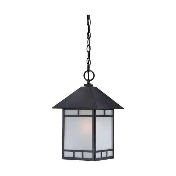 The Drexel outdoor hanging fixture combines traditional lantern styling with frosted seed glass for a timeless look. Its black finish and single-light design make it ideal for porches, patios, and entryways.