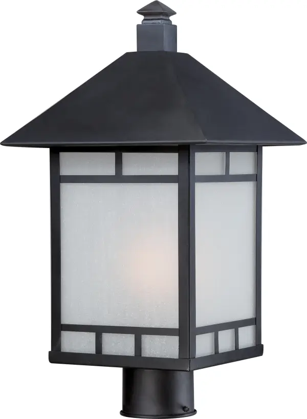 The Drexel outdoor post light combines contemporary Asian design with practical illumination. Its frosted seeded glass panels reduce glare while the stone black finish adds sophisticated contrast to any exterior setting.