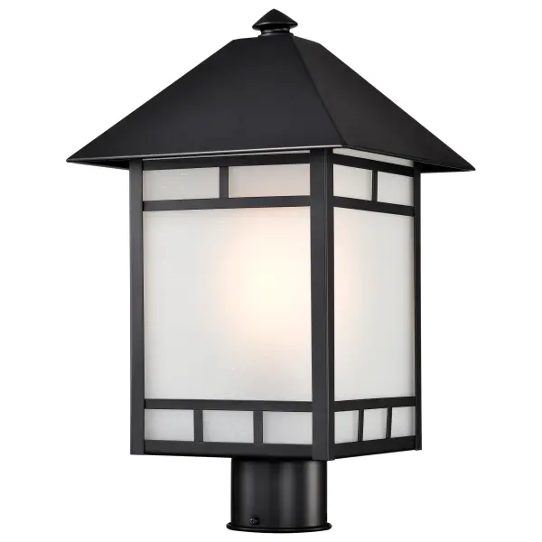 The Drexel outdoor post light combines contemporary Asian design with practical illumination. Its frosted seeded glass panels reduce glare while the stone black finish adds sophisticated contrast to any exterior setting. - alternate view