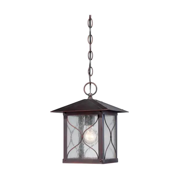 The Vega outdoor hanging lantern combines traditional styling with durable construction. Its bronze finish and clear seeded glass create warm, inviting illumination for porches, patios, and entryways.