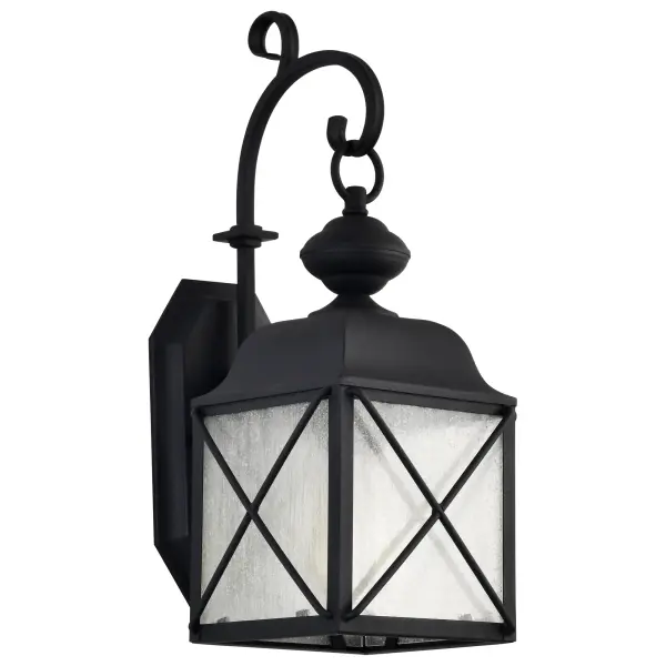 The Wingate outdoor wall fixture combines contemporary style with classic charm. Its textured black finish and clear seeded glass create visual interest while providing reliable illumination for entryways, porches, and pathways.