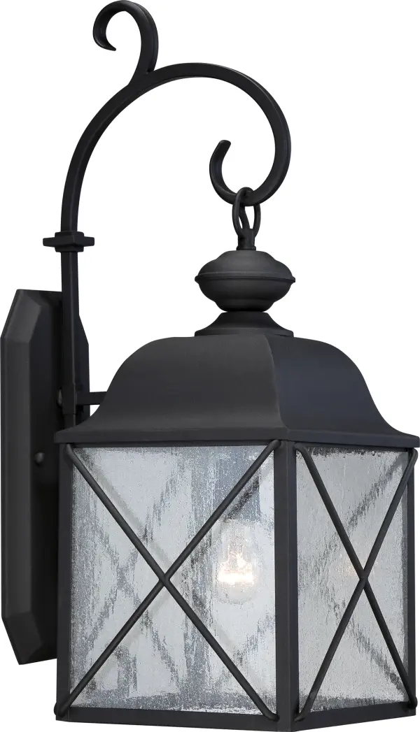 The Wingate outdoor wall fixture combines contemporary style with classic charm. Its textured black finish and clear seeded glass create visual interest while providing reliable illumination for entryways, porches, and pathways.