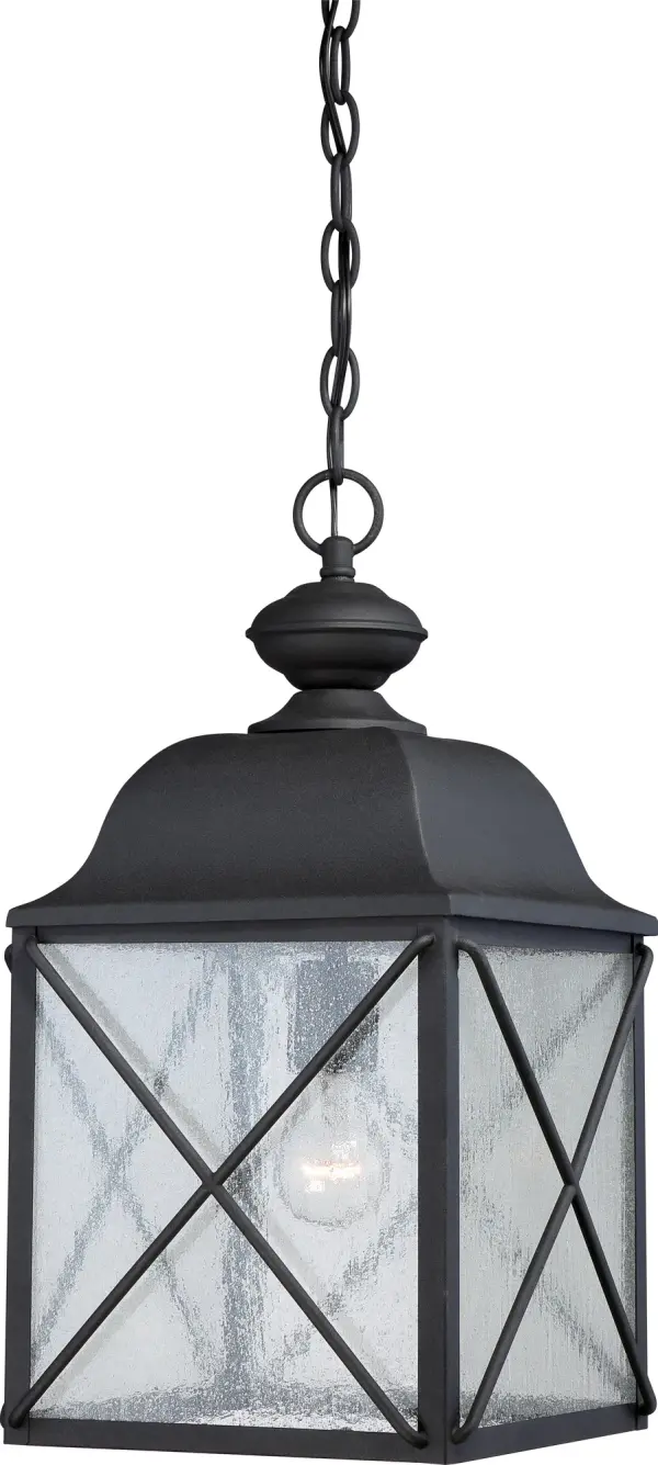 The Wingate outdoor hanging fixture combines traditional lantern styling with clear seeded glass for a welcoming entrance. Its black finish and single-light design offer versatile outdoor illumination for porches and patios.
