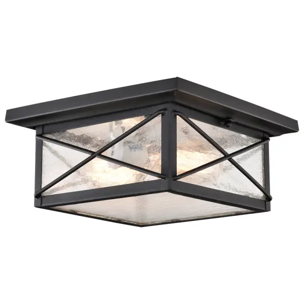 The Wingate outdoor flush mount combines contemporary elegance with practical outdoor lighting. Its textured black finish and clear seeded glass create visual interest while providing reliable illumination for porches, stoops, and pathways. - alternate view