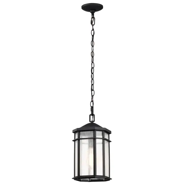 The Raiden outdoor hanging light combines traditional design with contemporary appeal. Its matte black finish and clear seedy glass create an aged patina effect that adds character to any exterior space while providing reliable illumination.