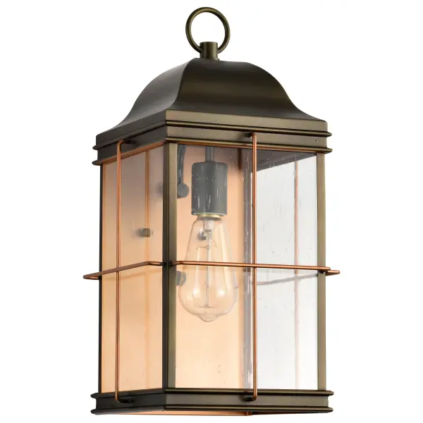 The Howell large outdoor wall lantern combines understated elegance with vintage appeal. Its bronze finish with copper accents and clear seeded glass create warm, inviting illumination for entryways and outdoor spaces.