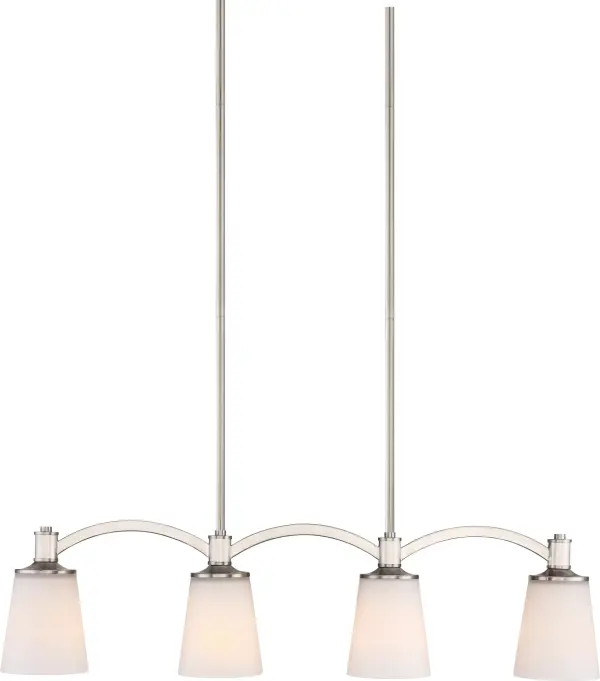 The Laguna 4-light island pendant combines contemporary elegance with practical illumination. Its brushed nickel finish and white glass shades create a clean, sophisticated look that complements modern and transitional interiors.