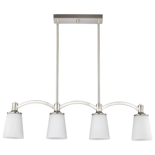 The Laguna 4-light island pendant combines contemporary elegance with practical illumination. Its brushed nickel finish and white glass shades create a clean, sophisticated look that complements modern and transitional interiors. - alternate view