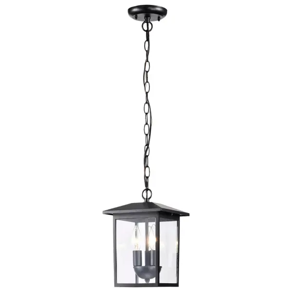 The Jamesport hanging light combines timeless design with practical outdoor illumination. Its die-cast aluminum frame in matte black finish and large clear glass panels provide 360-degree light distribution, making it ideal for entryways and covered outdoor spaces.