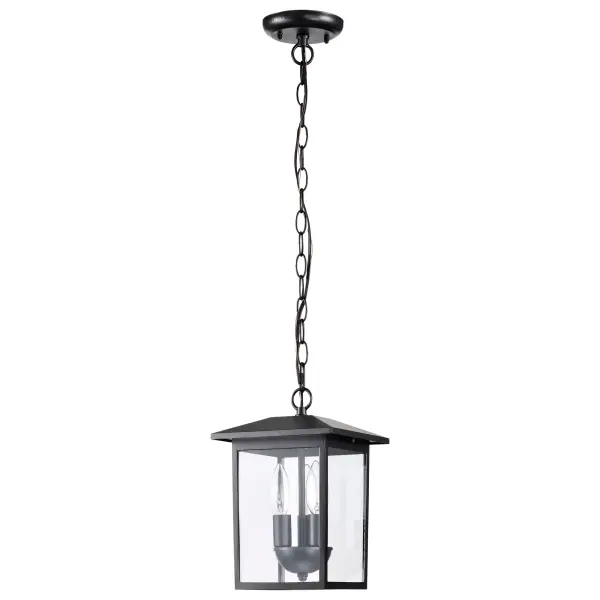 The Jamesport hanging light combines timeless design with practical outdoor illumination. Its die-cast aluminum frame in matte black finish and large clear glass panels provide 360-degree light distribution, making it ideal for entryways and covered outdoor spaces. - alternate view