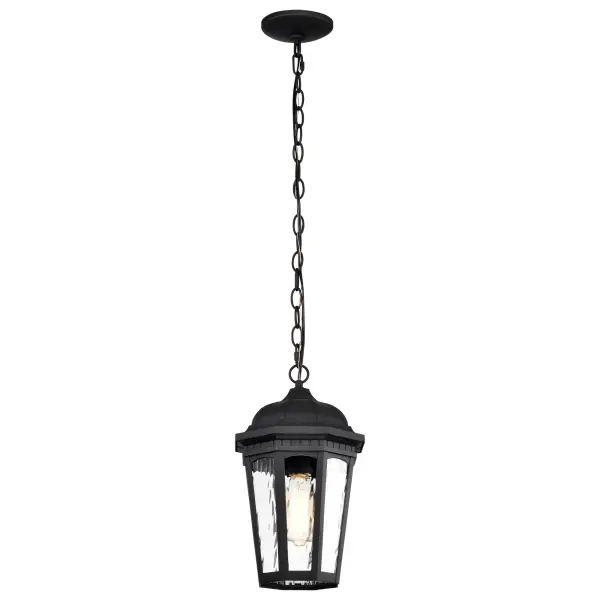 The East River hanging light blends old-world provincial charm with contemporary outdoor durability. Its rippling clear water glass creates beautiful light patterns while the matte black finish adds timeless elegance to any exterior space.