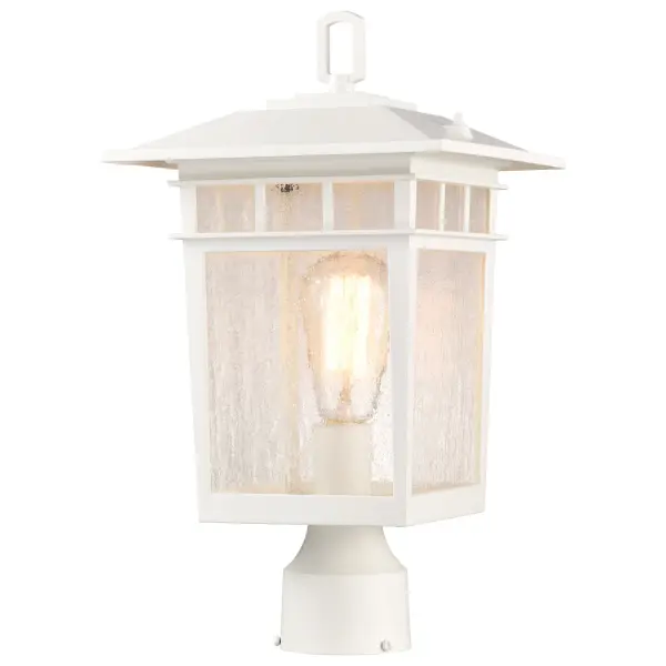 The Cove Neck post light combines classic craftsman details with modern versatility. Its die-cast aluminum construction and pristine white finish complement various home styles, while clear seeded glass creates beautiful ambient lighting.